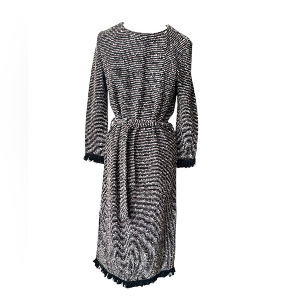 & Other Stories Black and White Long Sleeve Belted Tweed Dress